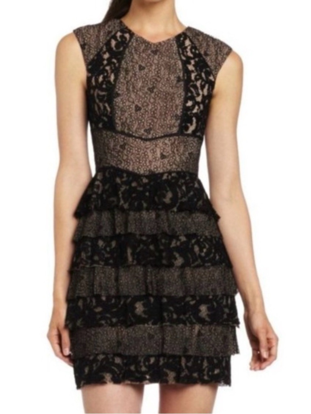 BCBGMAXAZRIA “KAYLA” Sleeveless Black Lace Tiered Mini Dress